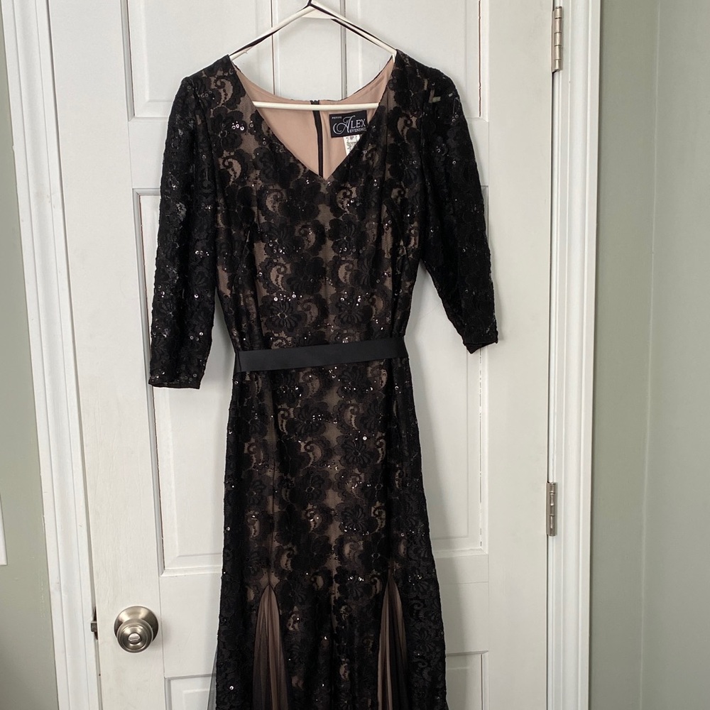 Alex Evenings Black Lace Sequin Floor Length Gown